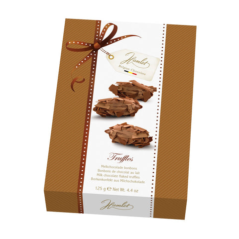 Hamlet milk chocolate flaked truffles in a carton by Jag Couture London - New York, showcasing the elegant packaging and truffle texture.