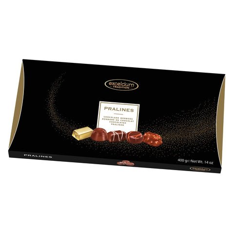 Assorted pralines in a black gift carton by Jag Couture London-New York, featuring a variety of chocolates with elegant presentation.