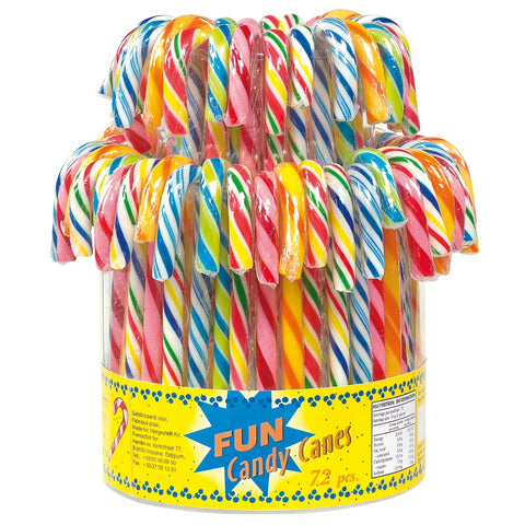 Multi-colored fruit-flavored candy canes in a display bucket, 12.8cm long, 13g, by Jag Couture London - New York.