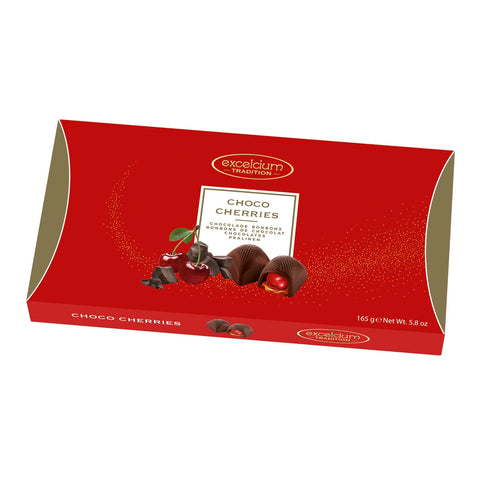 Jag Couture London excelcium choco cherries: dark chocolate pralines filled with cherry filling, elegant confectionery treat.