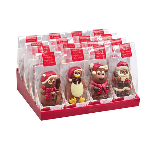 Assorted hollow milk chocolate winter figures in cello bag with festive holiday designs, by Jag Couture London - New York.