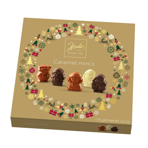 Hamlet gold carton of Jag Couture London New York assorted chocolate caramel Christmas figures, festive holiday treats.