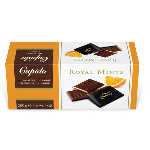 Jag Couture London - New York Cupido Royal orange thins enrobed in dark chocolate, showcasing vibrant orange flavor and glossy chocolate coating.