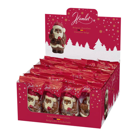 Hollow milk chocolate Santa figures in flowpack packaging by Jag Couture London - New York, displayed together.