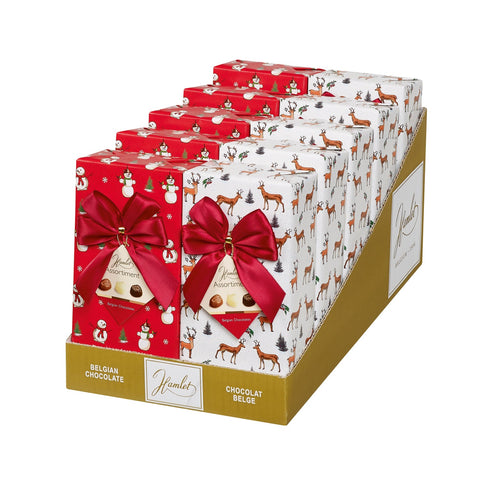 Hamlet Rudolph Belgian chocolate ballotins with two wrapped designs, from Jag Couture London-New York, featuring festive holiday packaging.