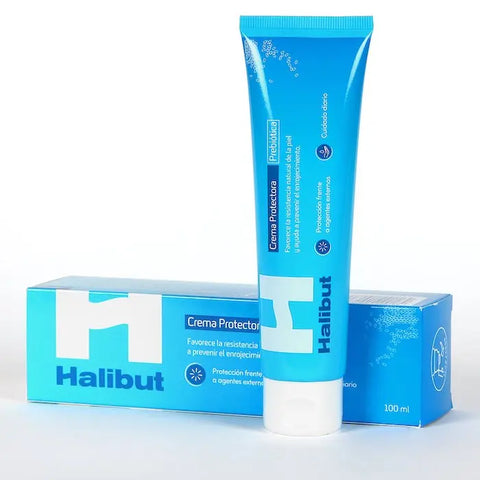 Jar of Halibut Prebiotic Protective Cream by Jag Couture London, showing the 100ml container with natural skincare packaging.