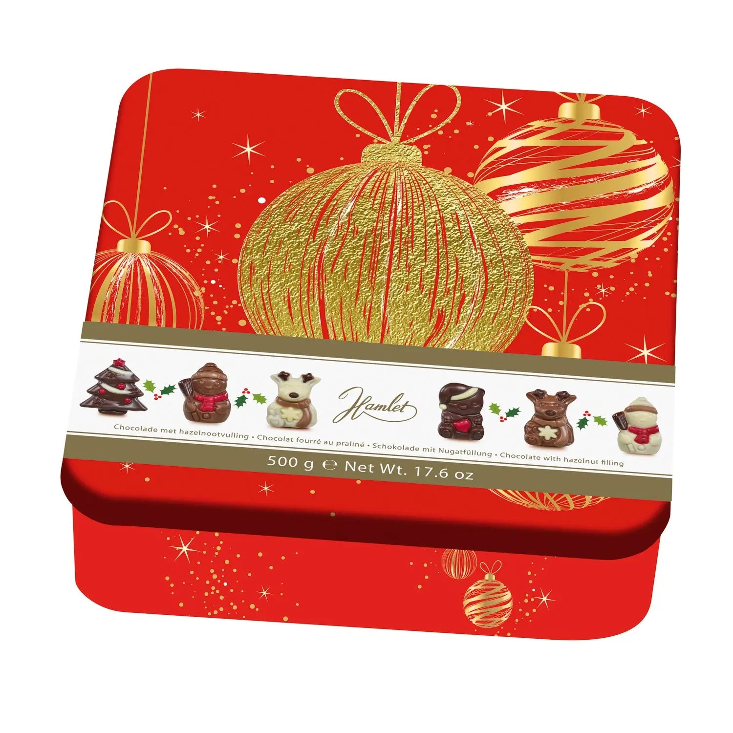 Hamlet trio of festive tins with hazelnut praline filled Christmas figures (3 colours) Jag Couture London - New York