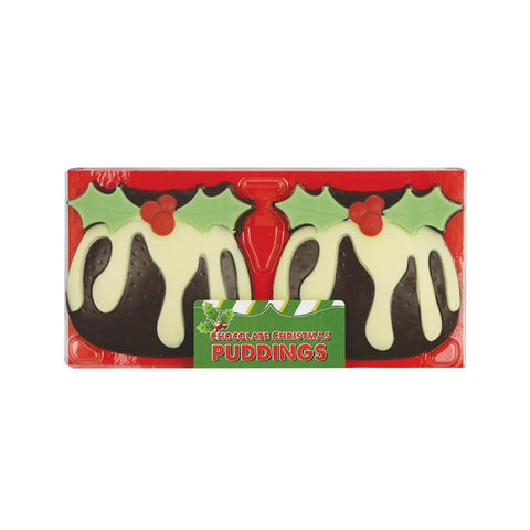 Hand-decorated chocolate Christmas puddings in an acetate pack by Jag Couture London New York, festive holiday treats.