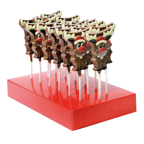 Hand-decorated solid milk chocolate reindeer lollies by Jag Couture London New York, featuring festive holiday design.