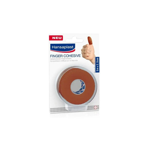 Hansaplast cohesive brown finger bandage, 5m x 2.5cm, shown wrapped around a finger for wound support and protection.