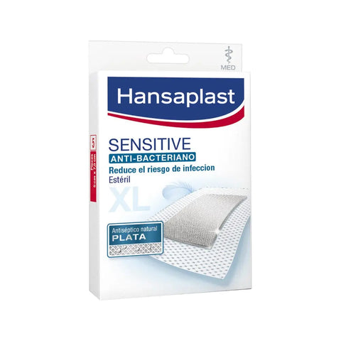 Hansaplast Med Sil Sensitive 5cm x 7.5cm medical silicone dressings, 5-pack, shown on a clean surface.