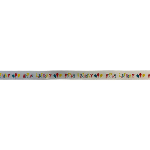 White ribbon printed with "Happy Birthday" balloons, from Jag Couture London - New York, ideal for birthday decorations and celebrations.