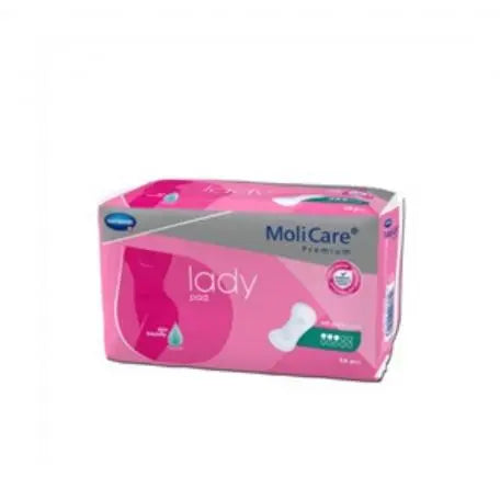 Hartmann Premium Lady 3.5 Gotas feminine pads, 14-pack, Molicare brand, displayed with packaging and product details.