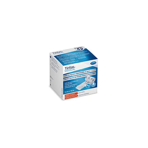 Hartmann Tiritas waterproof medical fixing film, 5cm by 10m, shown on a roll with packaging from Jag Couture London New York