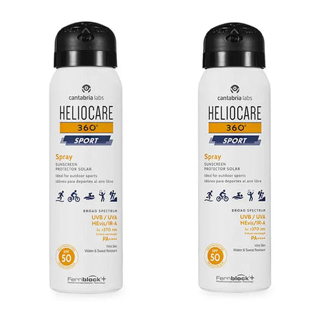 Heliocare 360º Sport Spray Sunscreen SPF 50, two 100ml bottles, with a sleek packaging design by Jag Couture London New York.