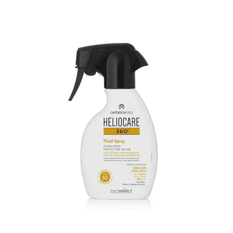 Heliocare 360º Fluid Spray SPF50 in 250ml bottle, skincare product with spray nozzle from Jag Couture London New York