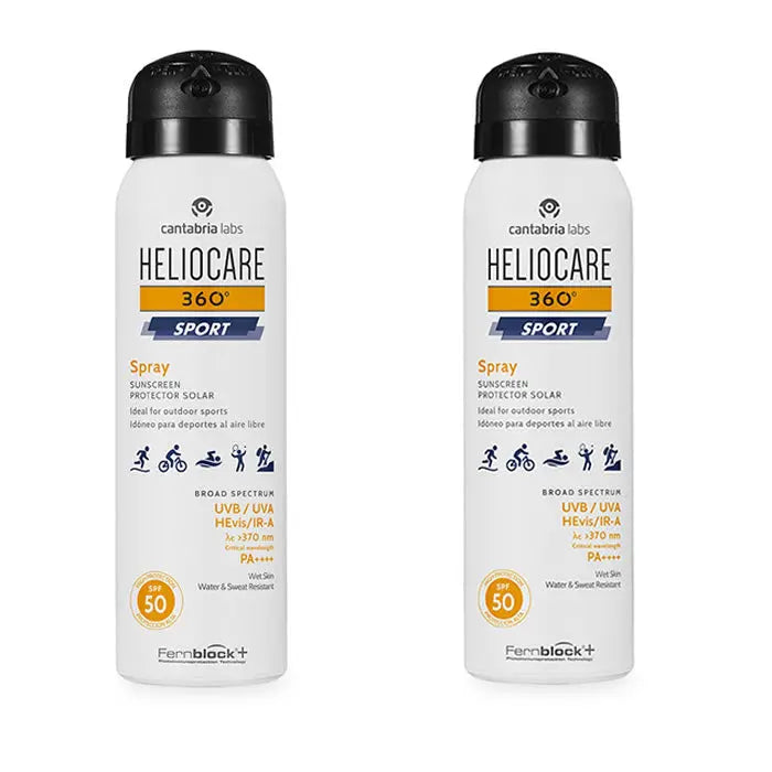 Heliocare 360º Sport Spray Sunscreen SPF 50, 2x100ml, in a sleek spray bottle, designed for outdoor sun protection.