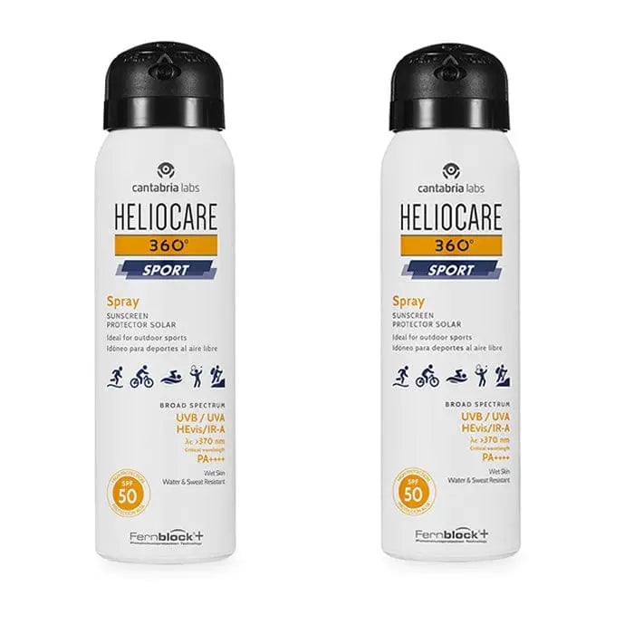 Heliocare 360º Sport Spray Sunscreen SPF50, 2x100ml, in a spray bottle, designed for active outdoor protection.