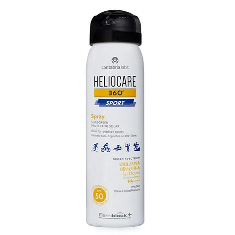 Heliocare 360º Sport Sunscreen Spray SPF50 100ml by Jag Couture London - New York, showing the sunscreen bottle with spray nozzle.