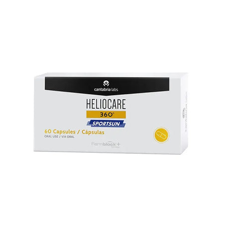 Heliocare 360º Sportsun 60 capsules by Jag Couture London and New York, showing the supplement bottle with label and capsules.