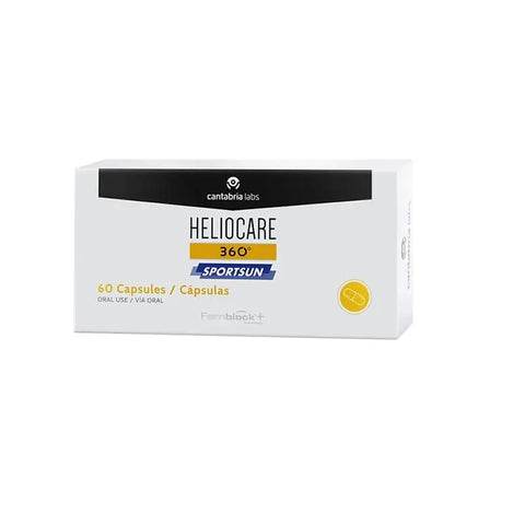 Heliocare 360º Sportsun capsules by Jag Couture London New York, featuring the supplement bottle with label and capsules visible.