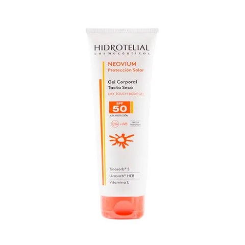 Hidrotelial Neovium Body Gel SPF50 by Jag Couture London, 200ml bottle, showing the product with its packaging and label.