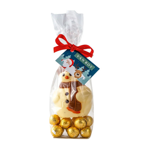 Hollow Belgian white chocolate snowmen on gold foiled milk chocolate balls in a gift bag by Jag Couture London New York.