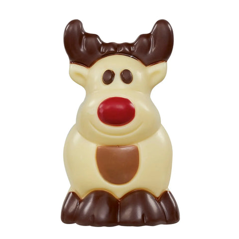 Hollow milk and white chocolate decorated mini Rudolphs, 9cm, holiday treats, from Jag Couture London New York, 12 of each.