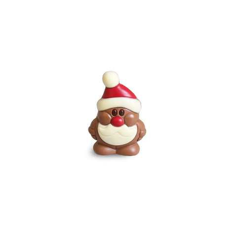 Hollow milk and white chocolate decorated mini hippy Santas, 9cm tall, set of 12 each, by Jag Couture London New York.