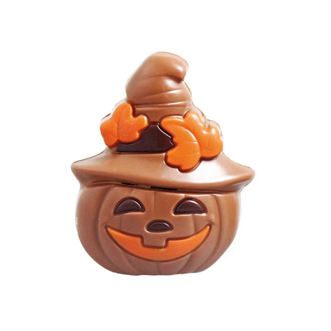 Hollow milk chocolate pumpkin with a hat, 8.5cm tall, by Jag Couture London - New York, detailed chocolate Halloween decoration.
