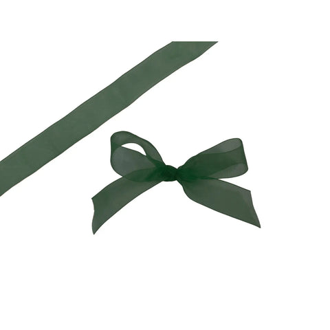 Hunter green organza woven edge ribbon by Jag Couture London-New York, showing the delicate textured fabric and woven edge detail.