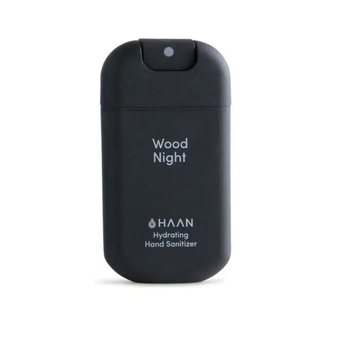 Hydrating hand sanitizer in a 30ml Wood Night bottle by Jag Couture London New York, featuring elegant packaging.