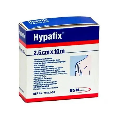 Hypafix adhesive gauze strip, 2.5 cm x 10 m, from Bsn Medical, used for secure wound dressings and medical applications.