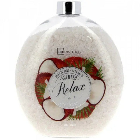 Idc Institute scented bath salt in 900g coco fragrance, featuring a clear container with a textured lid, branded by Jag Couture London New York.