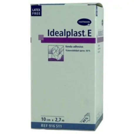 Elastic adhesive bandage Idealplast e Venda 2.7m x 10cm by Hartmann, shown wrapped around a limb for support and compression.
