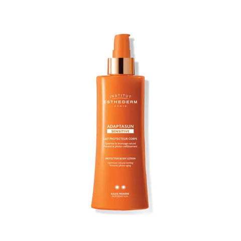 Institut Esthederm Adaptasun Sensitive Body Lotion for moderate sun protection, 200ml, with a sleek bottle design.