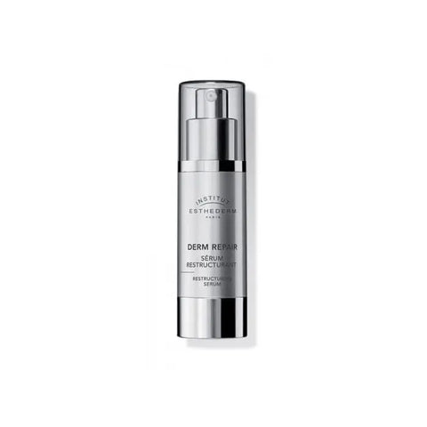 Institut Esthederm Derm Repair Restructuring Serum 30ml in a clear glass bottle with a white pump dispenser.