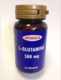 Integralia L-Glutamina 500 mg supplement in 50 capsules by Jag Couture London New York, showing the bottle and capsules.