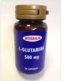 Jag Couture London Integralia L-Glutamina 500mg capsules, 50-count bottle, dietary supplement for muscle support.