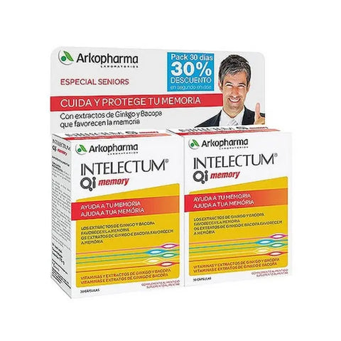 Two bottles of Intelectum Memory Pack capsules by Jag Couture London New York, featuring 30 capsules each for cognitive support.