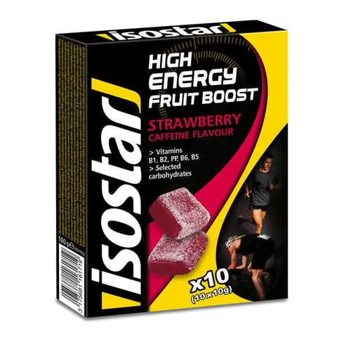 Isostar High Energy Fruit Boost packets, 10 x 10g, from Jag Couture London New York, showing colorful fruit-flavored energy supplement packaging.
