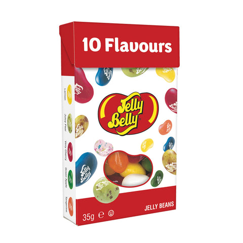 Assorted Jelly Belly jelly beans in a window pocket pack, featuring 10 flavors from Jag Couture London - New York.