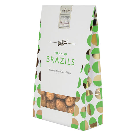 Milk chocolate-coated Joybox tiramisu Brazils in a carton, by Jag Couture London - New York, shown in the image.