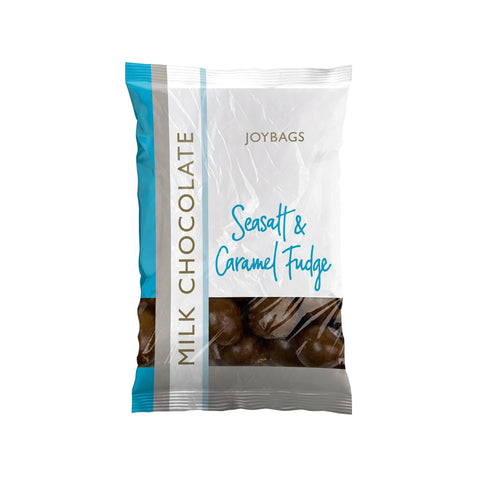 Joybags milk chocolate covered sea salt and caramel fudge pieces by Jag Couture London - New York, shown in a close-up image.