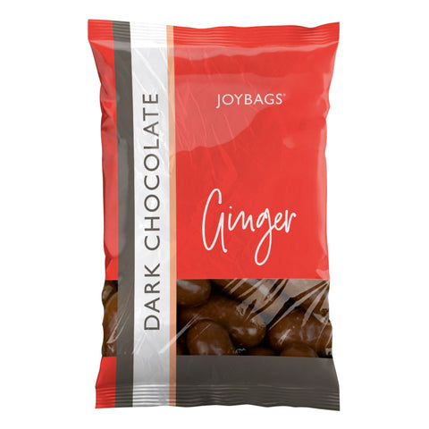 Dark chocolate covered ginger from Joybags by Jag Couture London New York, shown in elegant packaging with ginger pieces inside.
