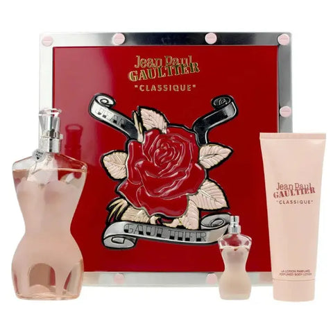 Jean Paul Gaultier Classique Eau De Toilette spray 100ml set of 3 bottles, featuring iconic packaging and elegant design.