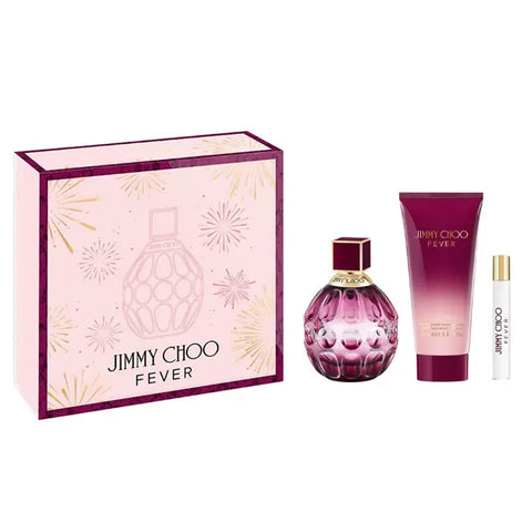 Jimmy Choo Fever Eau De Perfume Spray 100ml set with three bottles, showcasing elegant perfume packaging and design.