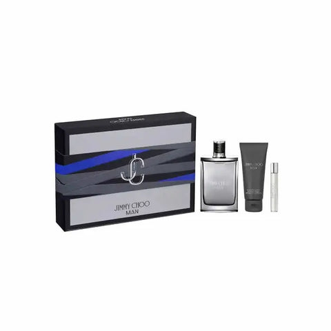 Jimmy Choo Man Eau De Toilette Spray 100ml set with three bottles, featuring sleek glass bottles and modern packaging.