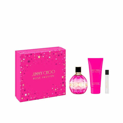 Jimmy Choo Rose Passion Eau de Perfume spray set with three 100ml bottles, featuring floral pink packaging and elegant design.