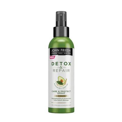 John Frieda Detox & Repair Care & Protect Spray 100ml on a white background, showcasing the product bottle with branding.
